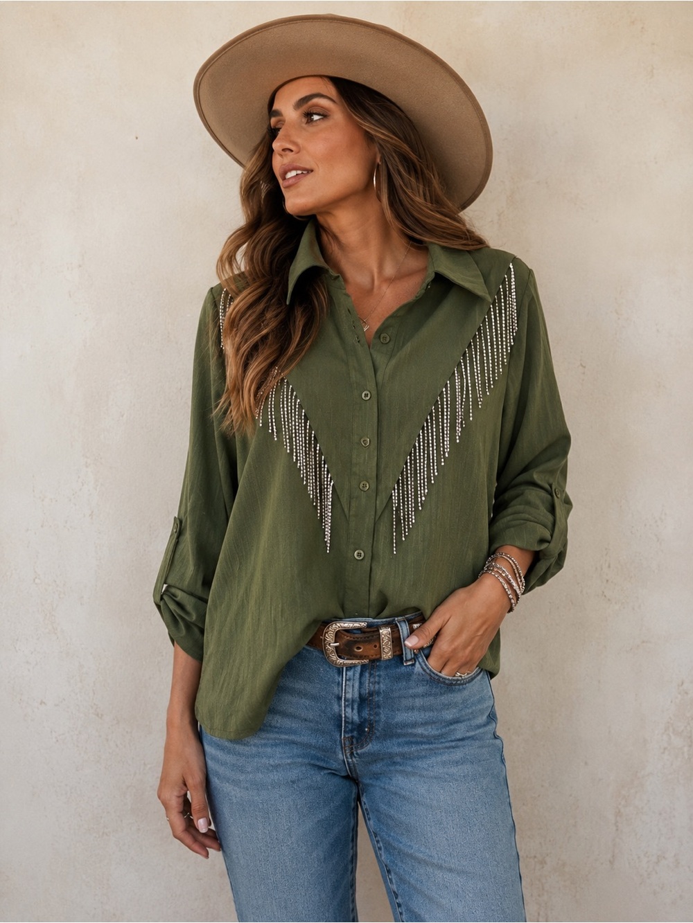 Olive Green Rhinestone Fringe Western Button Down Shirt Size L